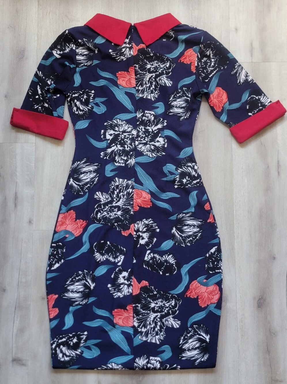 Oxiuly Fashion Floral Midi Bodycon Dress with Red Peter Pan Collar - Size S - Picture 3 of 11